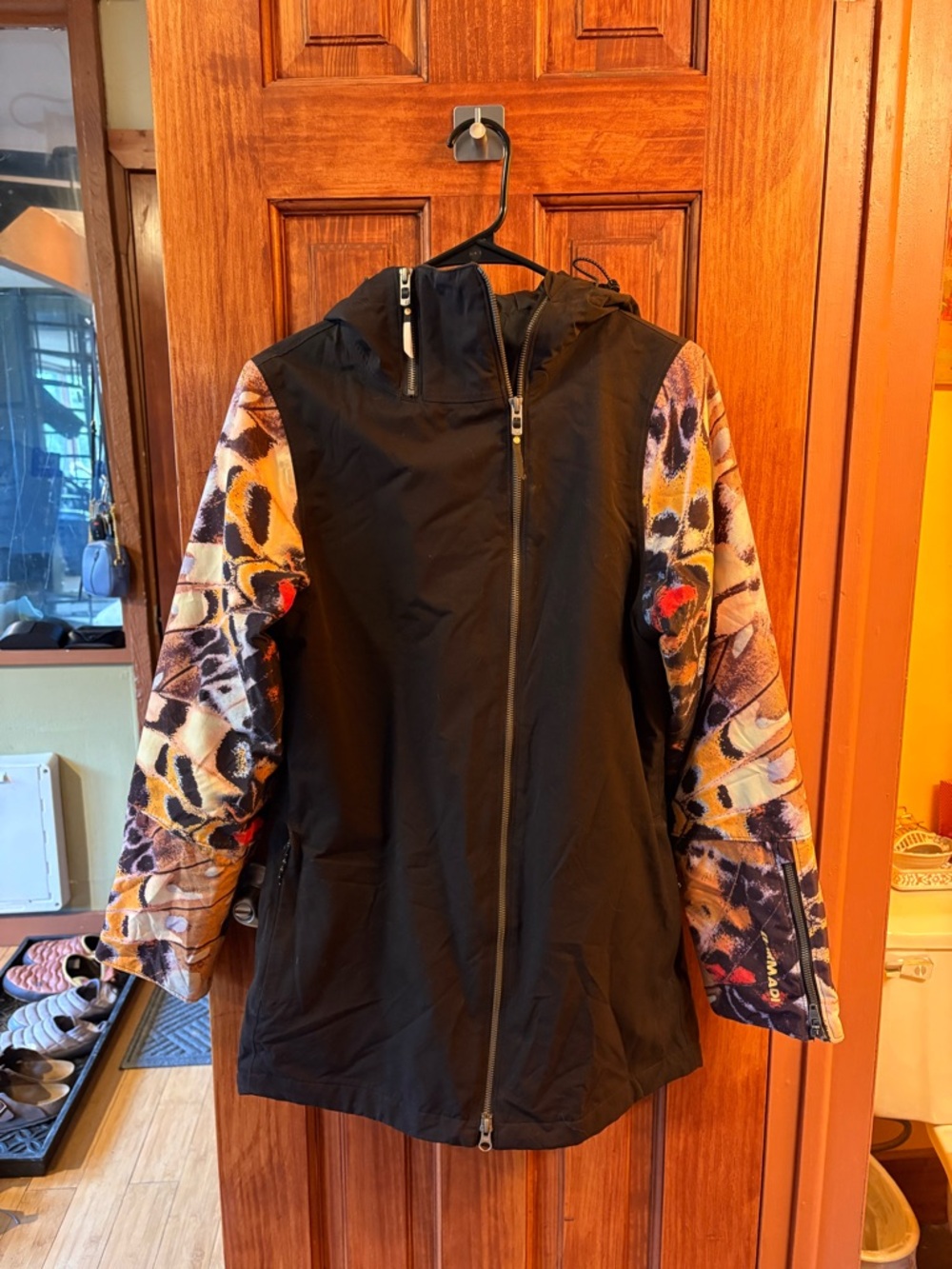 Black Jacket with Multicolor Patterned Sleeves - Women's Coat